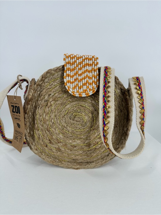 ZOI By Mufubu Handbags - ZOI By Mufubu 100% Hand Crafted Round Woven Jute Beaded Crossbody Hand Bag NWT